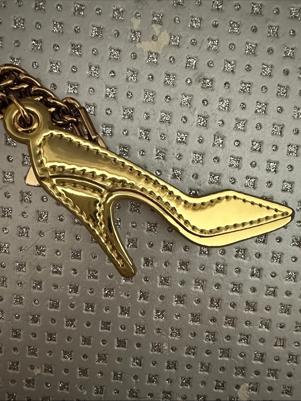 Kurt Geiger Gold High Heel Shoe Keyring with Charm EUC